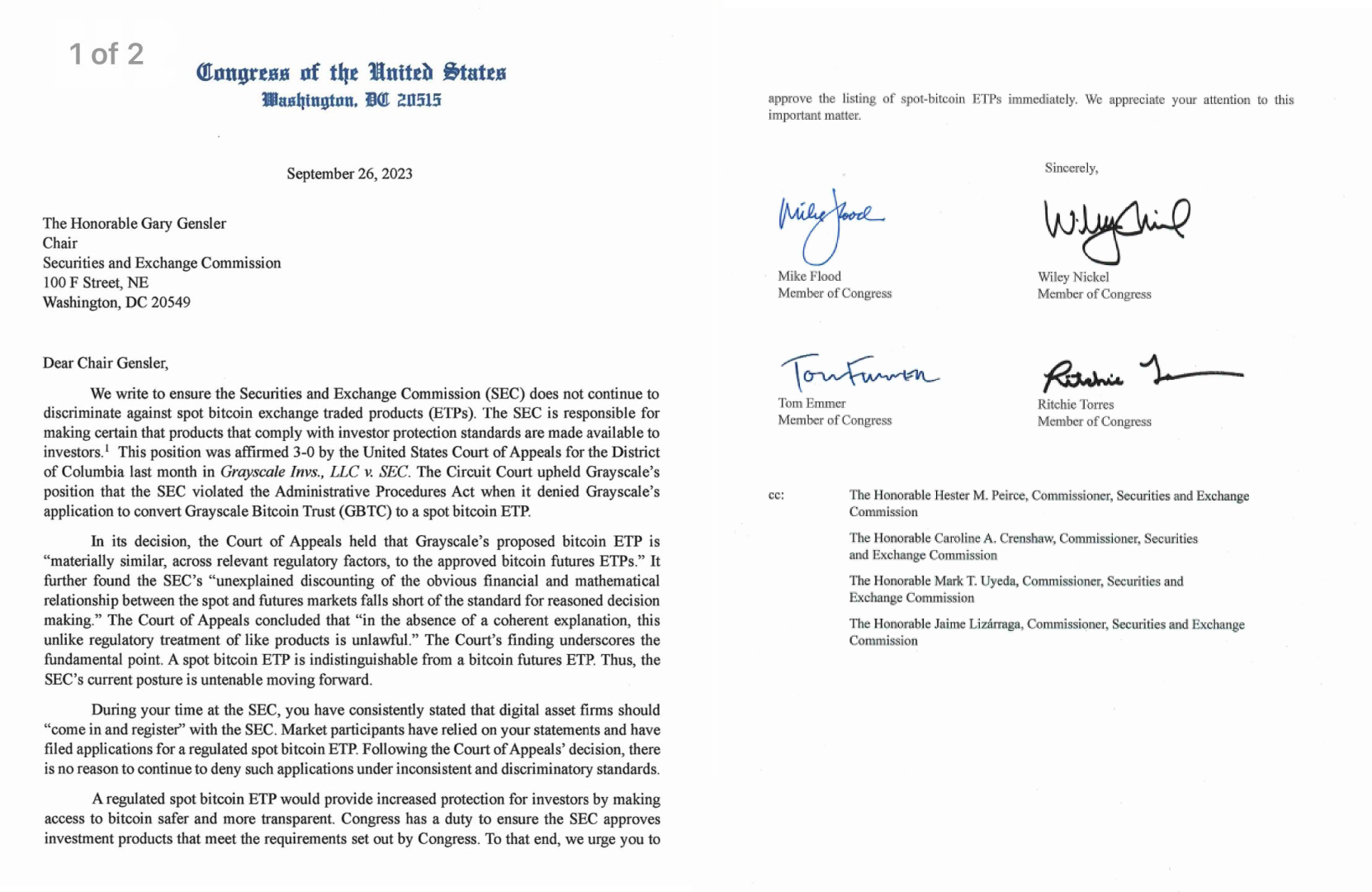 Lettera inviata alla SEC da 4 rappresentanti degli Stati Uniti chiedendo l'approvazione del ETF di Bitcoin.