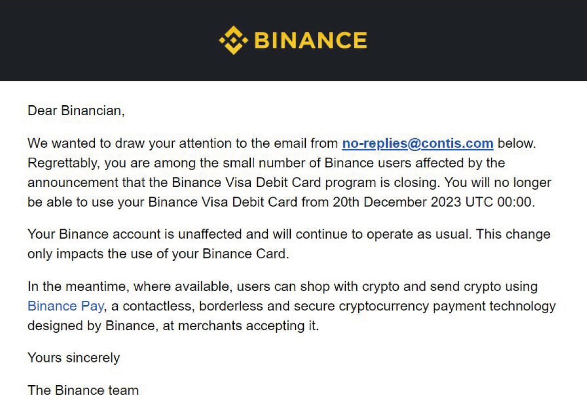 La mail ricevuta dagli utenti di Binance contenente la comunicazione relativa alla chiusura definitiva a partire dal 20 dicembre della Binance Visa debit card.